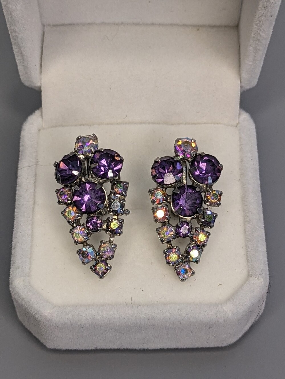 Vintage Kegel Screw Back Earrings Purple Rhinestone Cluster Silver Tone